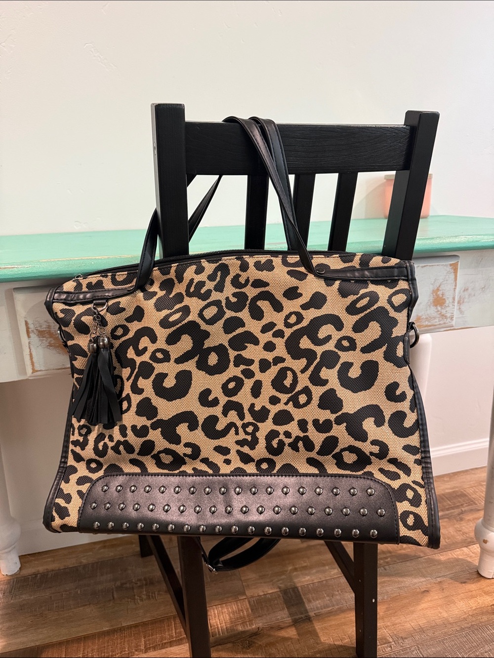 Leopard Print Hobo Bag with Black Leather Silver Studded Trim